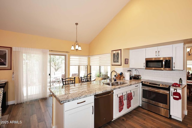 9235 N 101st St, Scottsdale, AZ 85258 - kitchen with appliances with stainless steel finishes, a peninsula, white cabinets, light stone counters, and dark wood-style floors