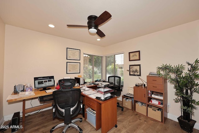 9235 N 101st St, Scottsdale, AZ 85258 - home office featuring a ceiling fan, wood finished floors, and recessed lighting