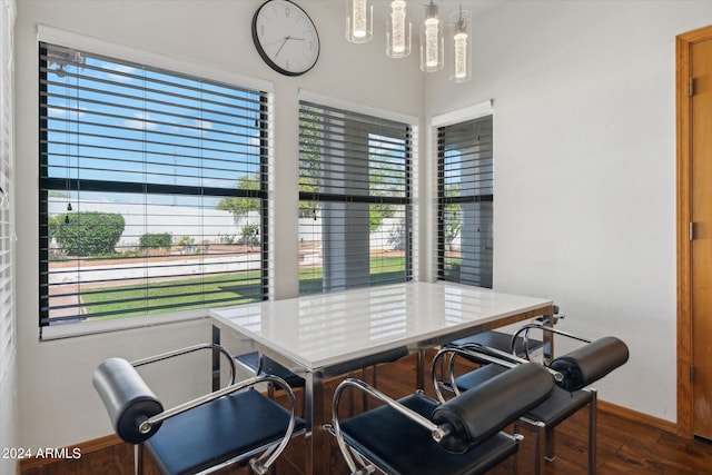 dining space with dark wood-type flooring and a healthy amount of sunlight