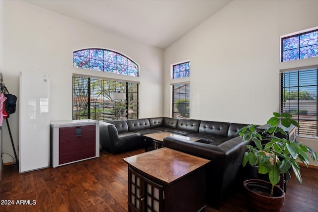 living room with high vaulted ceiling, plenty of natural light, and dark wood-type flooring