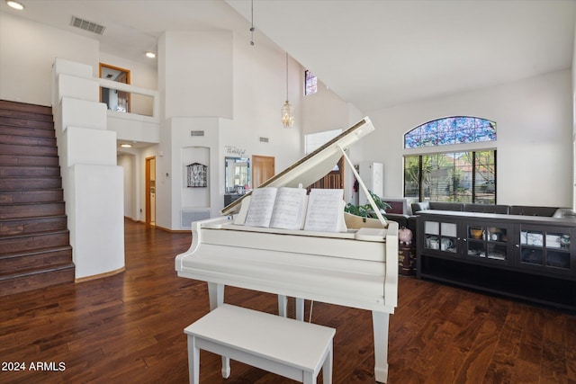 misc room with dark wood-type flooring and a high ceiling