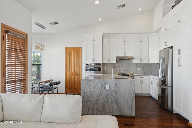 kitchen with hanging light fixtures, dark hardwood / wood-style floors, lofted ceiling, white cabinets, and appliances with stainless steel finishes