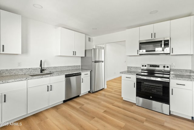 kitchen with light wood-type flooring, appliances with stainless steel finishes, sink, and white cabinets