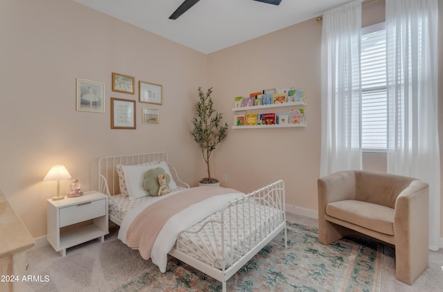 bedroom with carpet floors and ceiling fan