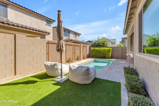 view of swimming pool with a patio area and a lawn