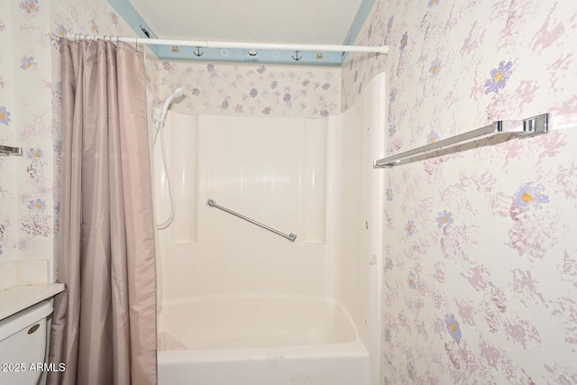 full bath featuring wallpapered walls and shower / bathtub combination with curtain