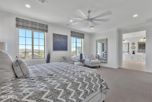 bedroom with multiple windows, carpet flooring, ceiling fan, and ornamental molding