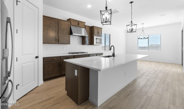 kitchen with a notable chandelier, a sink, appliances with stainless steel finishes, under cabinet range hood, and light wood-style floors