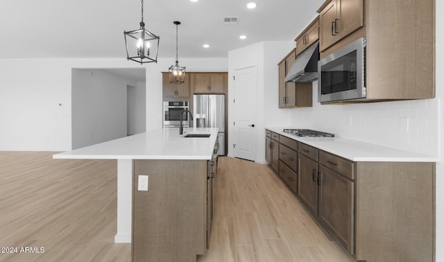 kitchen featuring light wood finished floors, under cabinet range hood, backsplash, and stainless steel appliances
