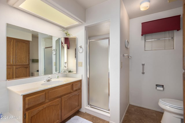 bathroom featuring walk in shower, toilet, tile floors, and vanity