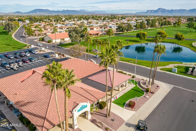 bird's eye view featuring a water and mountain view