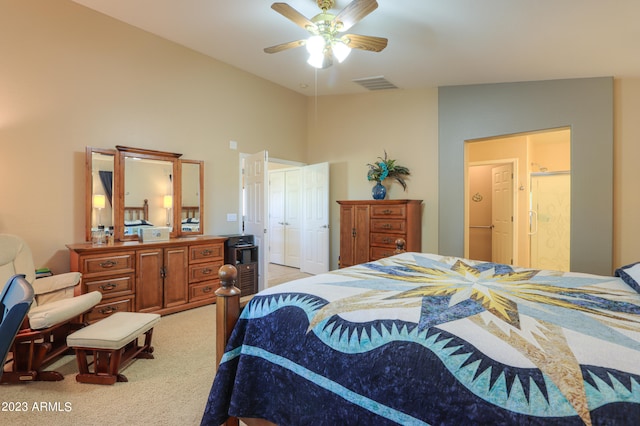 bedroom with light colored carpet and ceiling fan