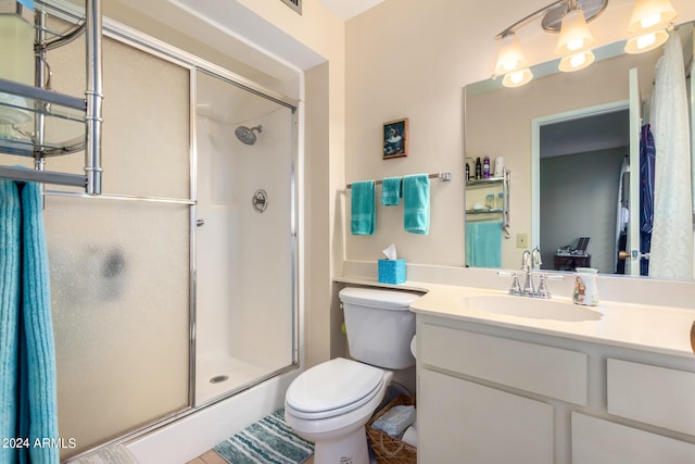 bathroom with vanity, toilet, and a shower with shower door