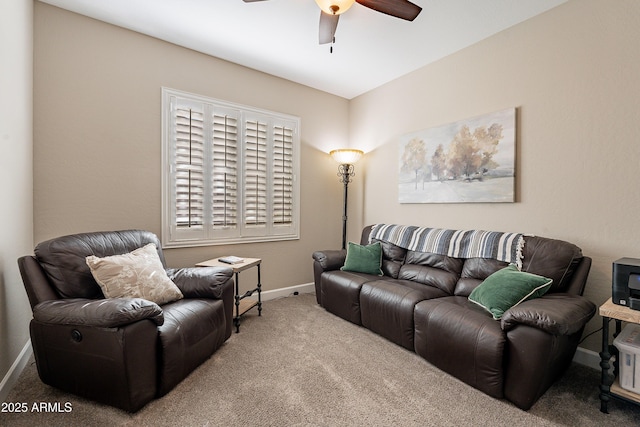 living room with carpet flooring and ceiling fan