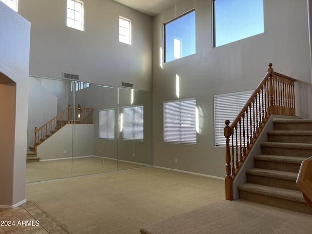 unfurnished living room featuring carpet and a high ceiling