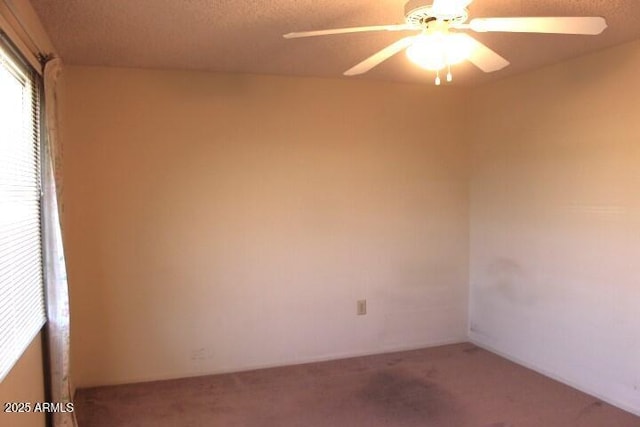 spare room with ceiling fan, carpet floors, and a textured ceiling