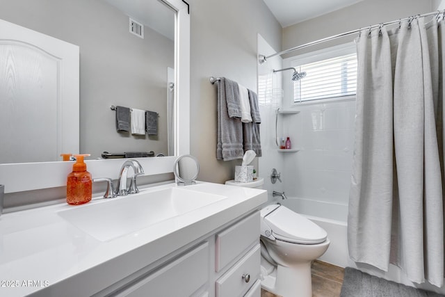 full bath with vanity, visible vents, shower / bathtub combination with curtain, and toilet