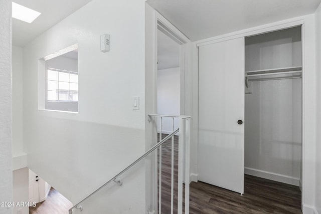 interior space featuring a skylight and wood-type flooring