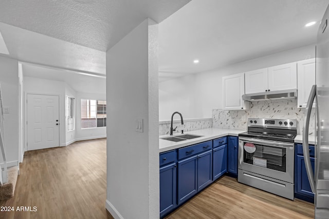 kitchen with sink, stainless steel electric range oven, white cabinetry, and blue cabinets