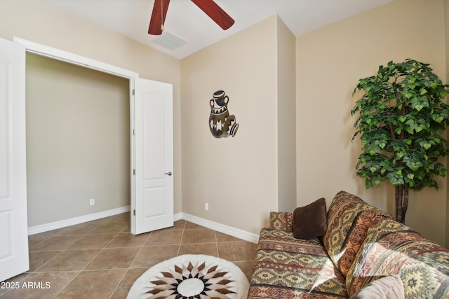 sitting room with ceiling fan and tile patterned flooring