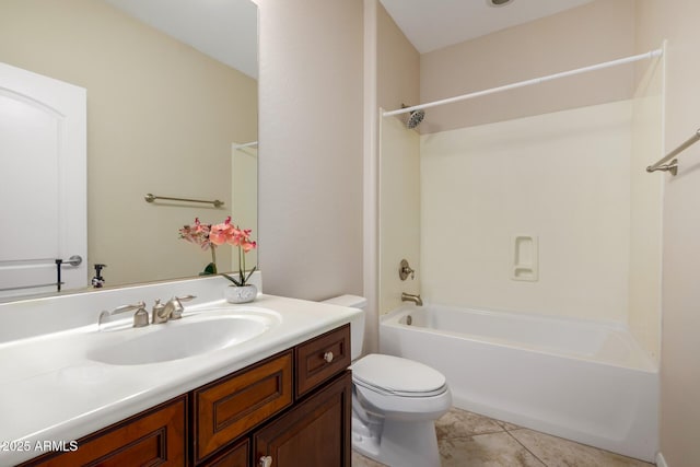 full bath with tile patterned floors, vanity, toilet, and shower / bathtub combination