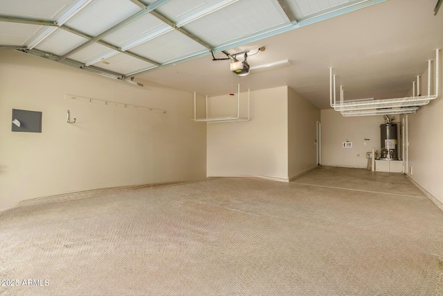 garage featuring a garage door opener, gas water heater, and electric panel