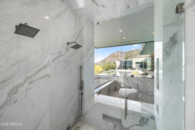 bathroom with a mountain view and walk in shower