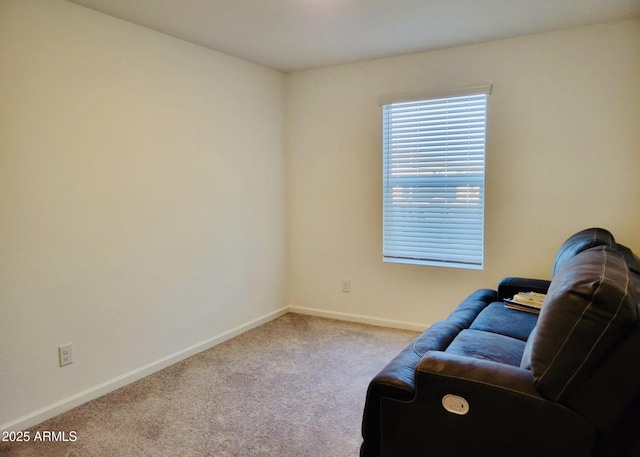 living area with carpet flooring and baseboards