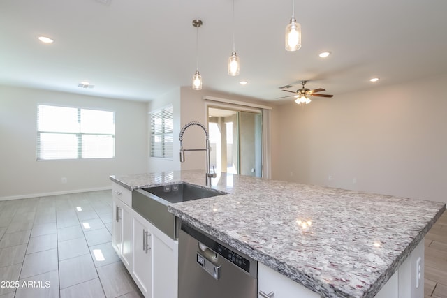kitchen featuring ceiling fan, dishwasher, an island with sink, recessed lighting, and a sink