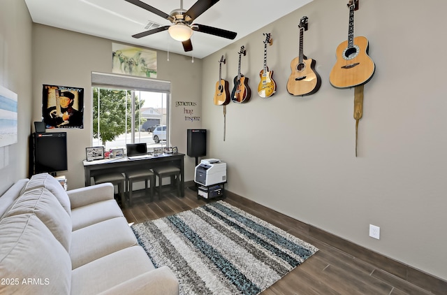 932 N Gomez St, Dewey, AZ 86327 - living room featuring ceiling fan, dark wood-type flooring, and an office area