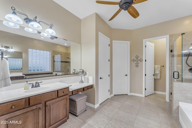 bathroom with ceiling fan, tile patterned floors, vanity, and shower with separate bathtub