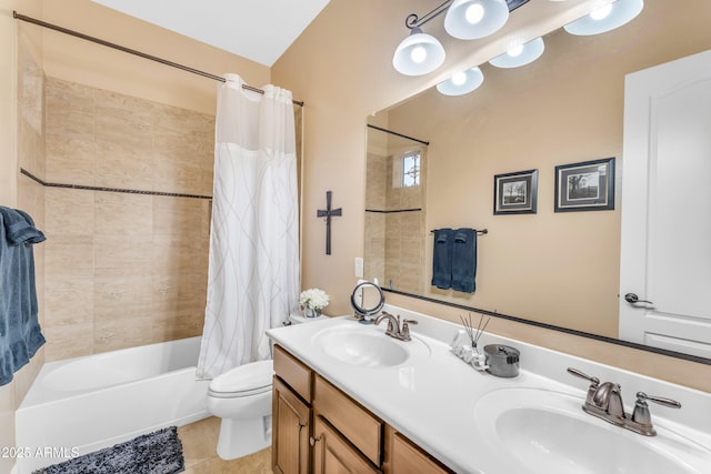 full bathroom featuring shower / tub combo, toilet, tile patterned flooring, and vanity