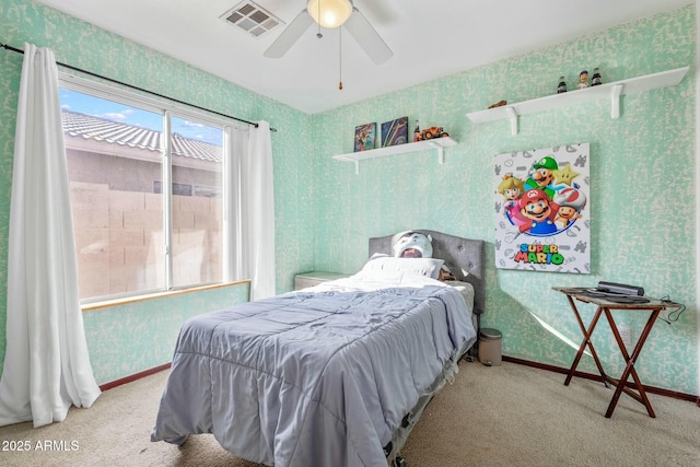 bedroom featuring carpet flooring and ceiling fan