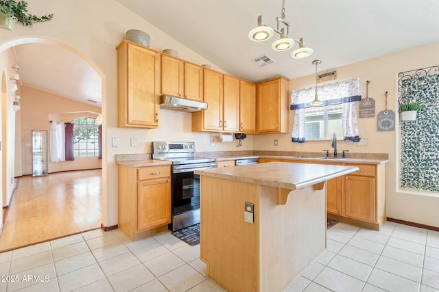 kitchen featuring pendant lighting, lofted ceiling, stainless steel appliances, and a center island