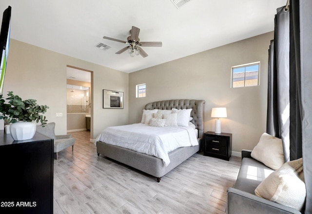 bedroom with baseboards, visible vents, and multiple windows