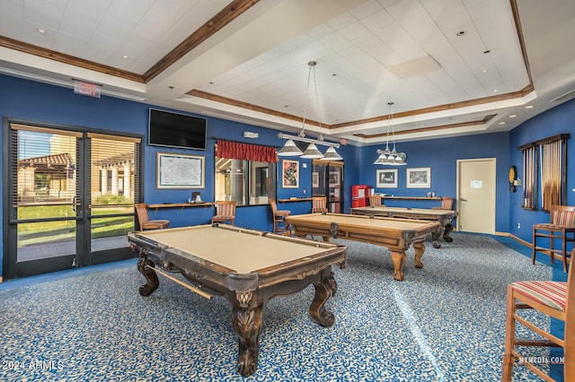 game room with ornamental molding, a tray ceiling, carpet, and billiards