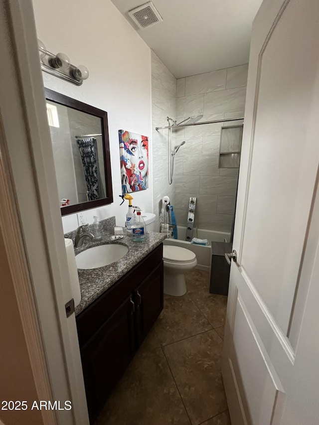 full bathroom with toilet, tile patterned flooring, shower / bath combination with curtain, and vanity