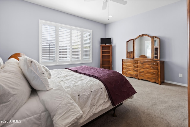 bedroom featuring carpet floors, recessed lighting, baseboards, and a ceiling fan