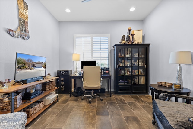 office area featuring recessed lighting and wood tiled floor