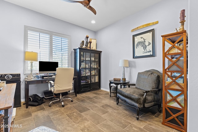 home office featuring a ceiling fan, recessed lighting, and baseboards