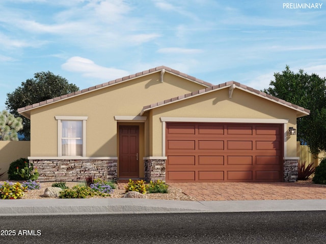 ranch-style house featuring decorative driveway, stone siding, an attached garage, and stucco siding