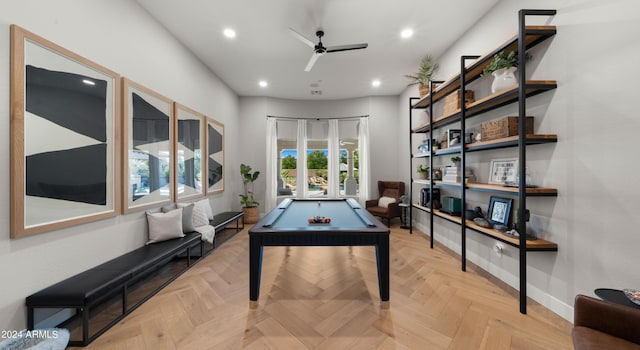 playroom featuring pool table, light parquet floors, and ceiling fan