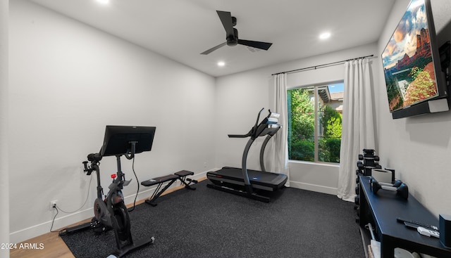 workout area featuring ceiling fan