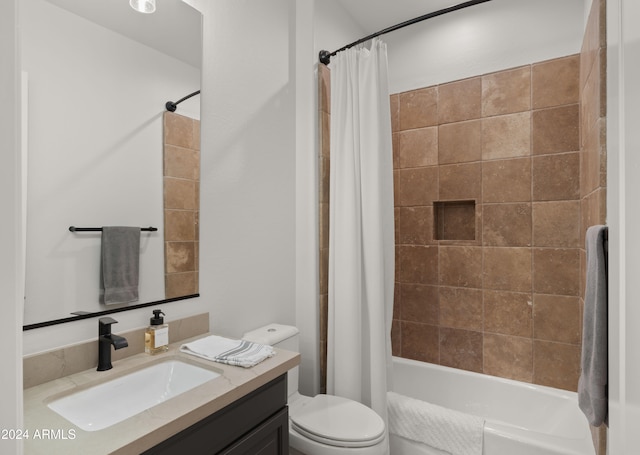 full bathroom with vanity, toilet, and shower / bath combination with curtain