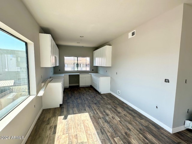 kitchen with white cabinets and dark wood-type flooring