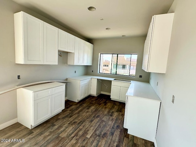 kitchen with dark hardwood / wood-style flooring and white cabinetry