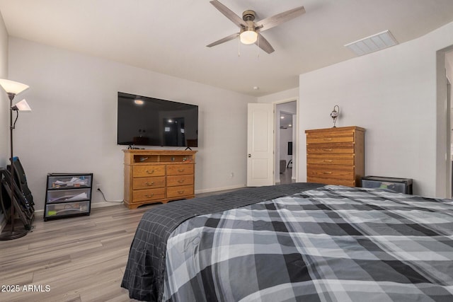 bedroom featuring ceiling fan and light hardwood / wood-style floors