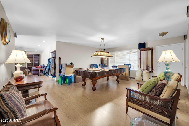 game room with recessed lighting, billiards, and light wood-style flooring