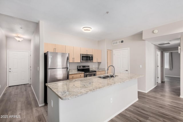 kitchen featuring sink, light stone countertops, an island with sink, and appliances with stainless steel finishes