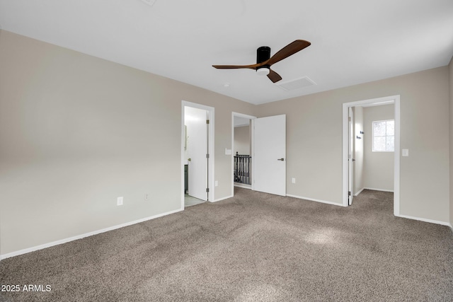 unfurnished bedroom with visible vents, carpet floors, baseboards, and ceiling fan